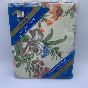 Vintage Danville White Blue Orange Cabbage Rose Floral Twin Flat Sheet NOS